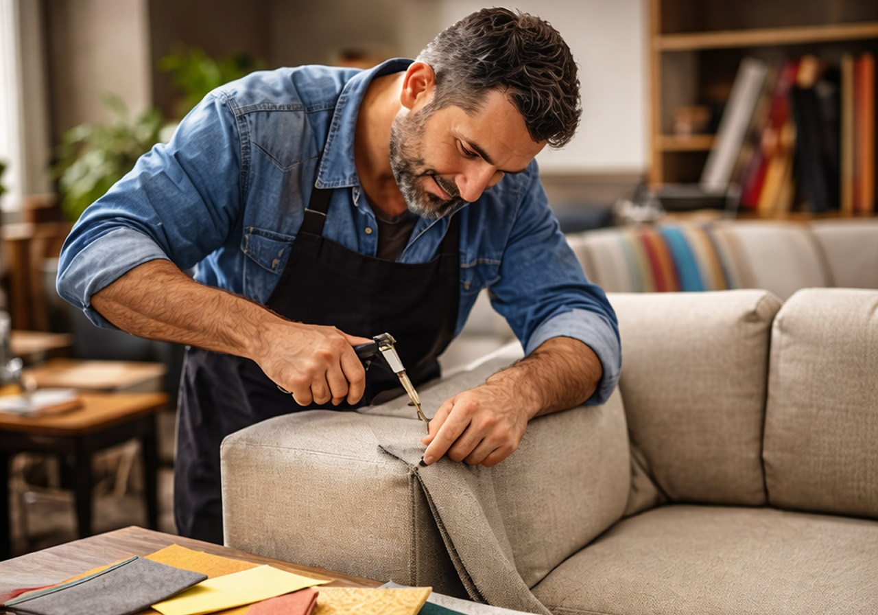 Skilled craftsman doing furniture upholstery